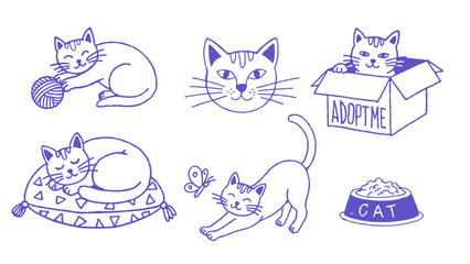 Collection of cute cartoon cats in various poses, including sleeping, playing, and looking in a box.