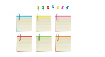 Six colorful sticky notes with paper clips and push pins scattered above them, isolated on a transparent background