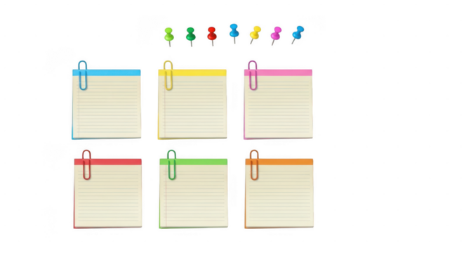 Six colorful sticky notes with paper clips and push pins scattered above them, isolated on a transparent background