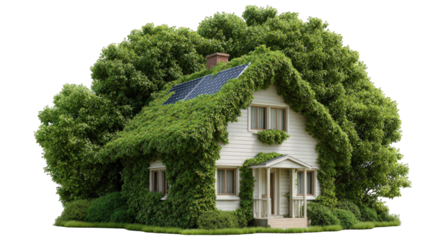 Eco friendly house covered in lush green foliage, solar panel on roof, sustainable architecture, white wooden exterior, surrounded by nature, peaceful and serene atmosphere