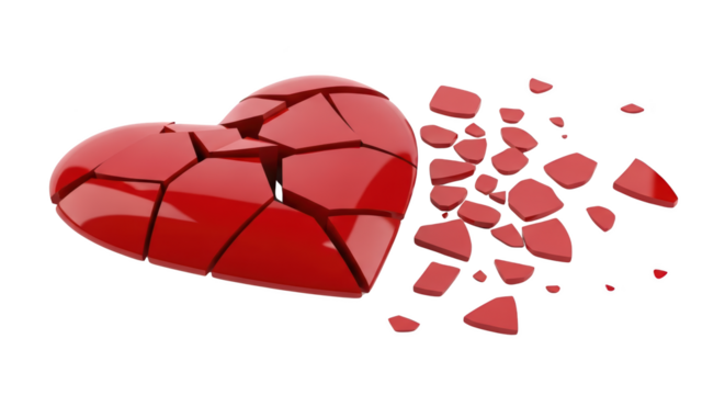 Shattered Red Heart on White creative illustration featuring design, shape, illustration, 3D, art, end modern concept