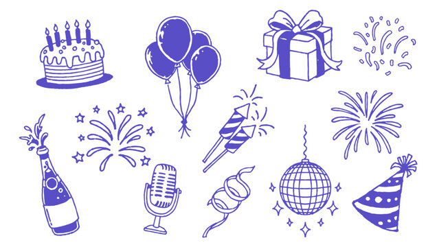 A collection of hand-drawn purple illustrations depicting various celebration and party elements like cake, balloons, gifts, and fireworks on a white background.