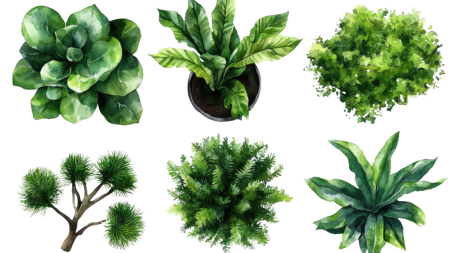 Botanical watercolor set: Aerial view of various green plants including succulents, ferns, and potted houseplants, illustrated with vibrant brushstrokes for design elements.