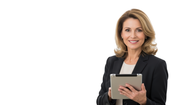 Smiling Businesswoman Holding Tablet Computer 1 creative illustration featuring digital, elegant, manager, work, hair, copy space modern