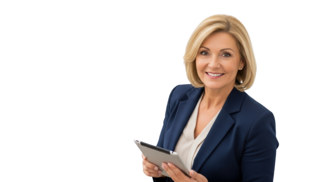 Smiling Businesswoman Holding Tablet Computer creative illustration featuring background, cheerful, gadget, blonde, friendly, tablet modern concept