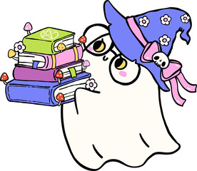 Halloween Bookish Reading Spooky Ghost Holding Stack Books Wearing Witch Hat Hand Drawn