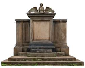 Ancient grave with angel statue, weathered stone, moss, and steps, evokes solemn and peaceful atmosphere, suitable for cemetery or memorial themes