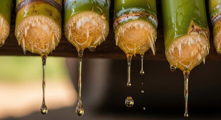 Close-up view of sugarcane stalks dripping with extracted sugary liquid, showcasing the natural process of sugar production.
