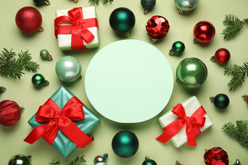 Composition with blank card, Christmas balls, gift boxes and fir tree branches on green background, closeup