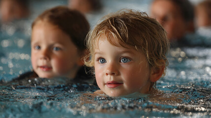 Children learning to swim during a school swim class