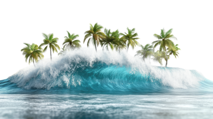 Dynamic Turquoise Ocean Wave Crashing with Lush Palm Trees on an Isolated Tropical Island. PNG Clipart Transparent