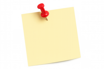 Blank yellow sticky note paper with red pushpin holding it, clipping path and transparent background