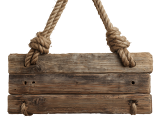 Hanging rustic wooden sign with rope knots against a transparent and white background, concept for outdoor signage, vintage decoration and nautical theme presentation