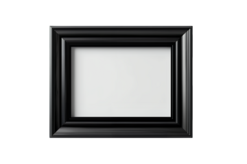 Isolated black wooden frame with blank white canvas in the center against a a transparent and white background, concept for art presentation, photography display and memorial design