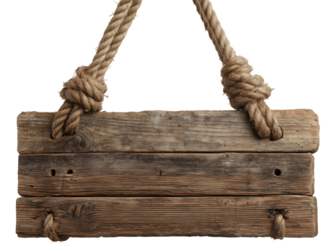 Hanging rustic wooden sign with rope knots against a transparent and white background, concept for outdoor signage, vintage decoration and nautical theme presentation - Powered by Adobe