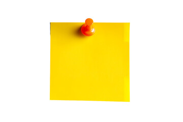 Close-up of a yellow sticky note pinned with an orange push pin on a transparent and white background, concept for reminders, scheduling and to-do lists