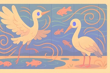Obraz premium Pastel Cranes and Fish – Soft Japanese Screen Illustration for Children