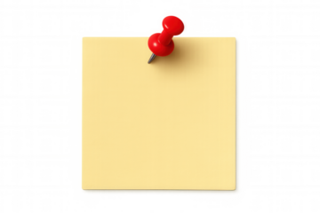Yellow blank sticky note or memo pad pushing a red thumbtack or pushpin, creating a reminder on a transparent background