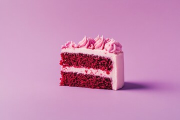 Delicious red velvet cake slice with pink frosting on purple background.