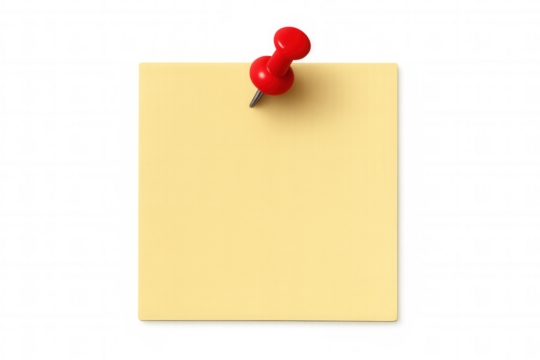 Yellow blank sticky note or memo pad pushing a red thumbtack or pushpin, creating a reminder on a transparent background