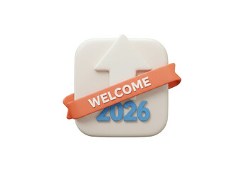 A 3d rendered white rounded square icon with an orange ribbon displaying the word welcome and blue text reading 2023 isolated on transparent background
