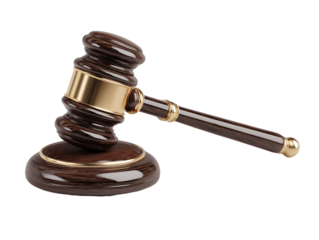 Detailed view of a wooden gavel with golden accents, isolated on a transparent and white background. Concept for legal proceedings, arbitration decisions and juridical verdicts