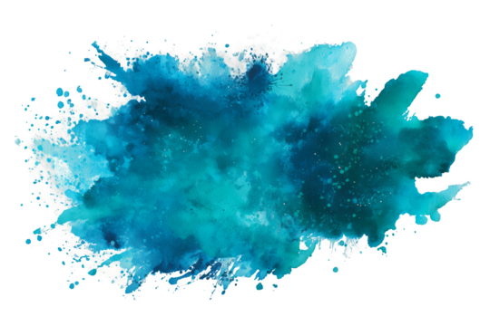 Abstract turquoise and blue watercolor stain with splatter on a transparent and white background. Concept for artistic backgrounds, creative designs and graphic resources