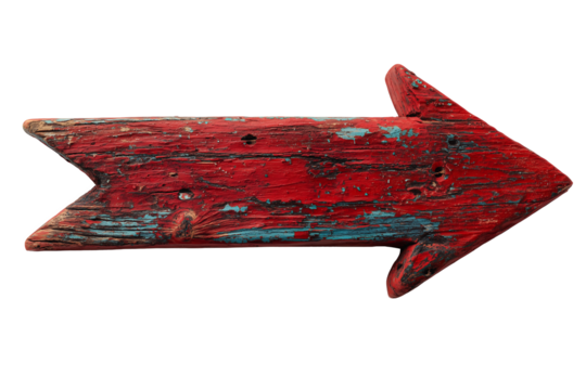 Rustic red wooden arrow with distressed paint on a transparent and white background, concept for direction signage, wayfinding solutions and vintage themed design projects