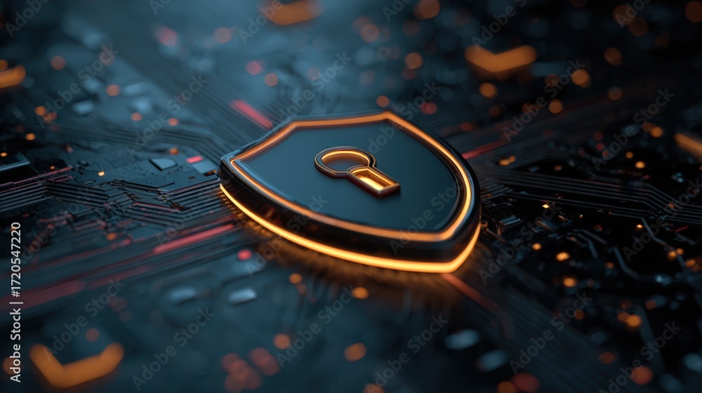 Poster futuristic cybersecurity concept with shield icon surrounded by circuit patterns, representing digit