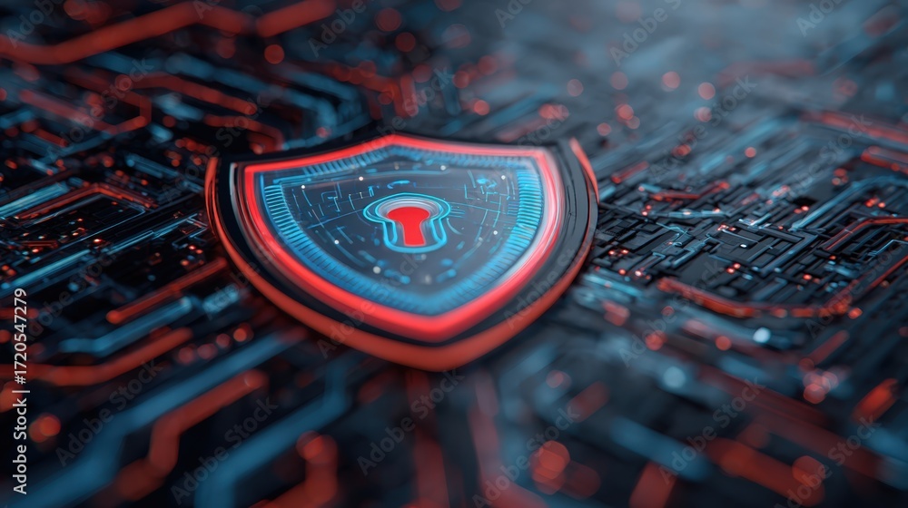 Poster digital security shield abstract background in red and blue colors, representing cyber protection an