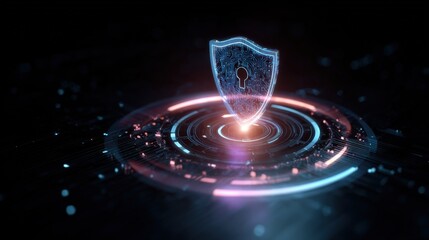 Abstract digital background with glowing shield symbol and padlock representing cyber security and data protection concepts