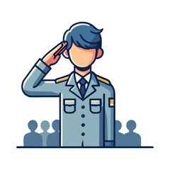 Illustration of a man saluting in a light blue military uniform in a white background