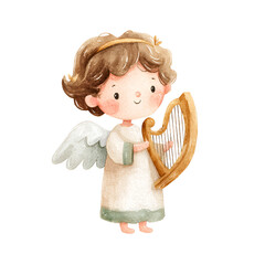 Fototapeta premium Watercolor angel child holding harp, bright and gentle, perfect for holiday cards or Christian nursery art.