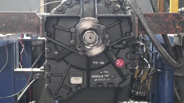 Allison transmission on test stand or test bench, showing output flange or yolk rotating on high speed.