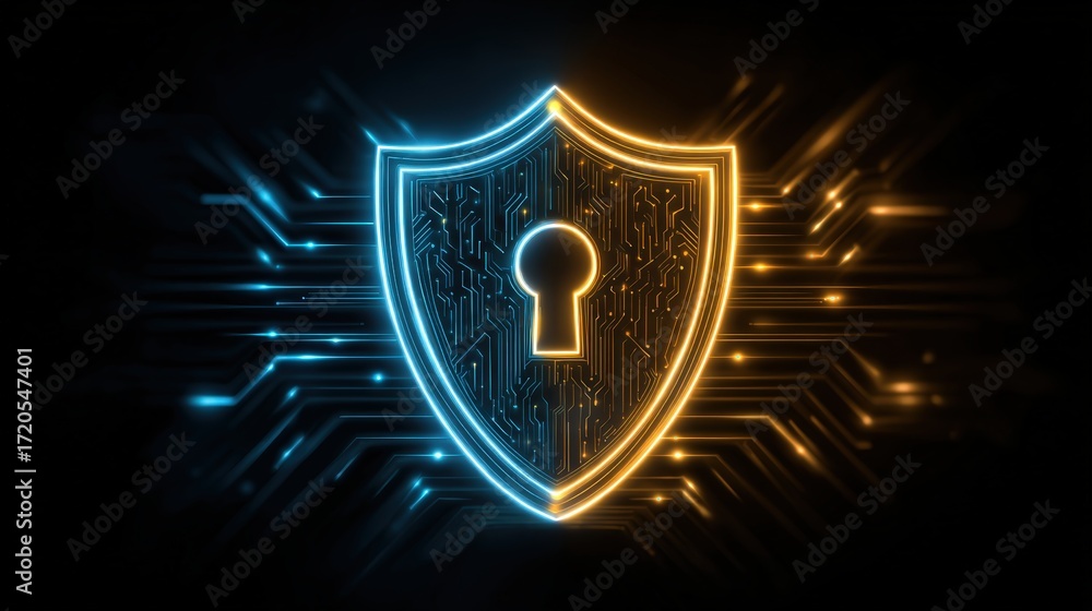Poster abstract digital background with glowing shield and keyhole, representing cybersecurity, data protec
