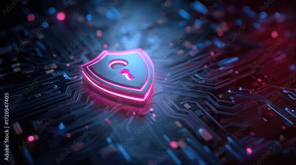 Aufkleber digital security shield on circuit board background with neon glow and futuristic design