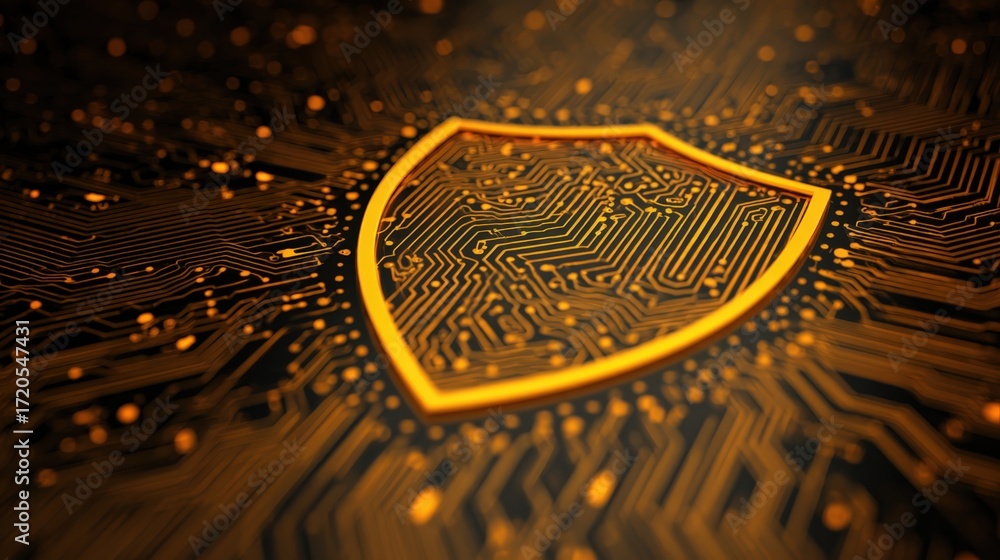 Poster abstract digital shield concept with circuit patterns in orange and black background for cybersecuri