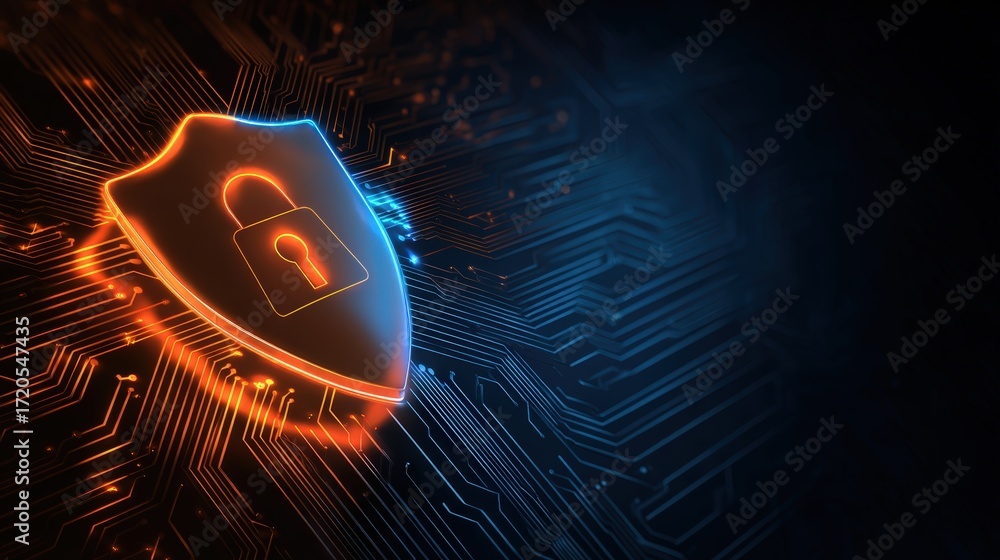 Poster digital shield icon with lock symbol on circuit board background in blue and orange glow for cyberse