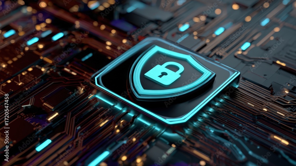 Poster digital security concept on circuit board representing data protection and network safety in modern 