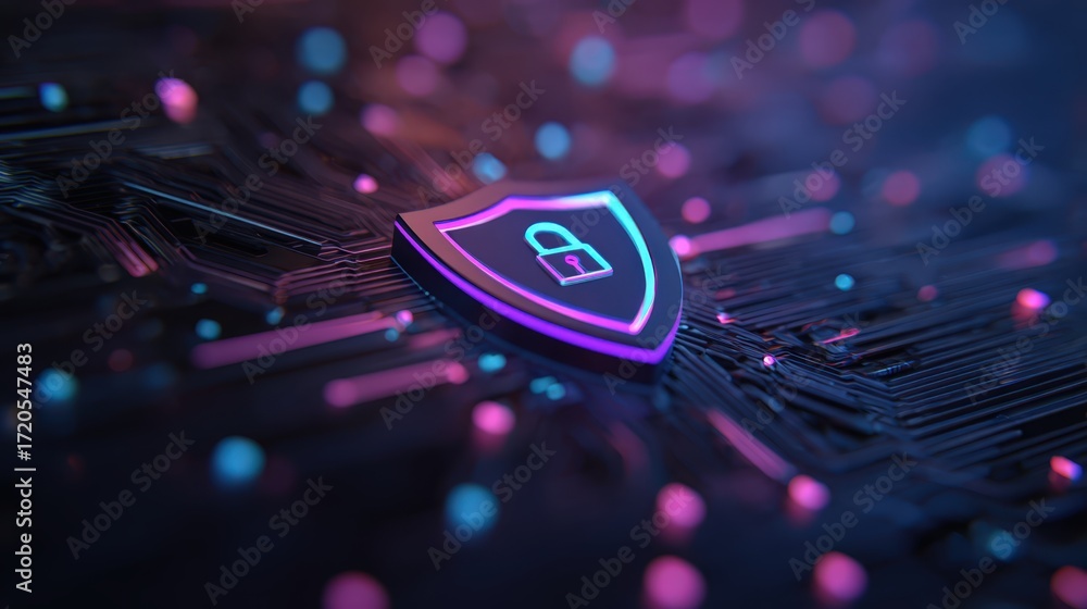 Poster digital security background with shield icon and colorful lights for cyber protection and privacy co