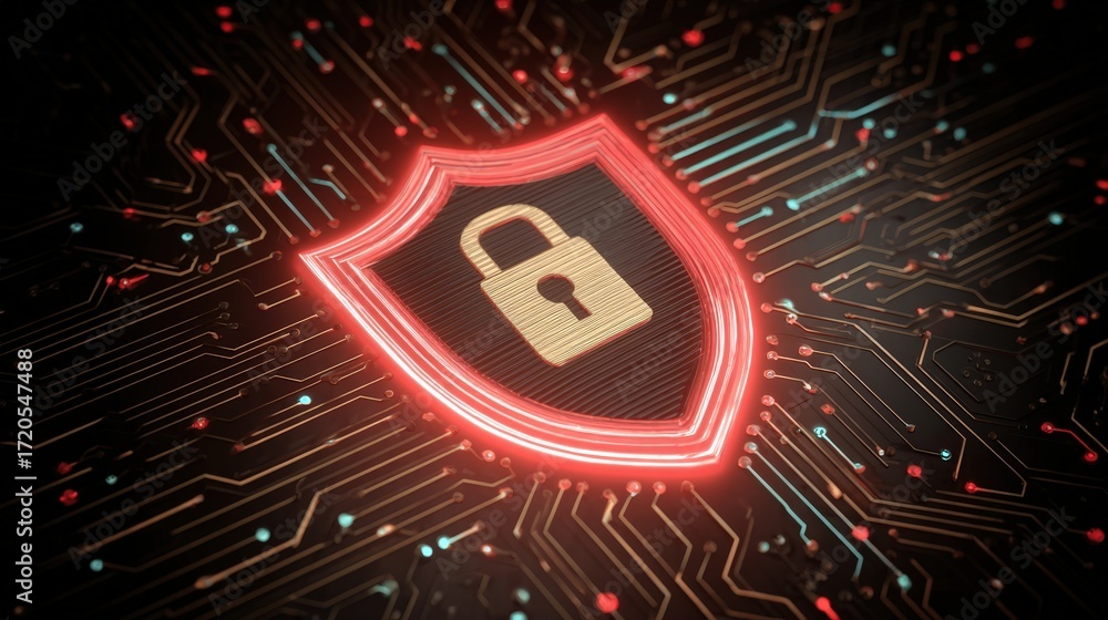 Poster digital lock shield with circuit background representing cybersecurity and data protection in modern