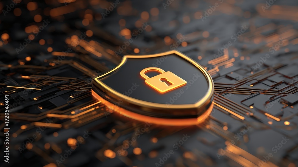 Poster digital security shield with lock symbol on futuristic background of circuit board design