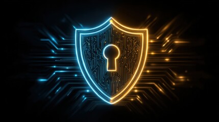 Fototapeta premium Abstract digital background with glowing shield and keyhole, representing cybersecurity, data protection, and technology innovation in modern design