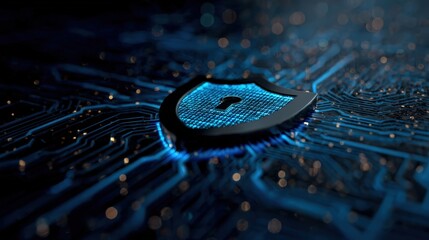 Digital Security Shield Over Circuit Board Background with Blue Glow and Keyhole for Cyber Protection Concept