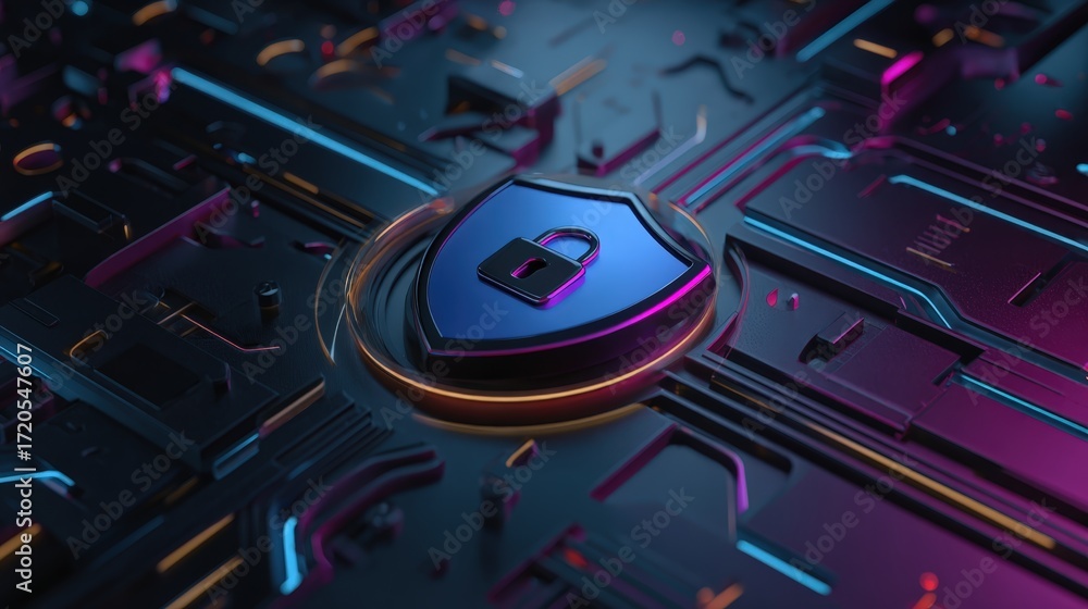 Poster digital security background with shield icon and circuit design in vibrant colors