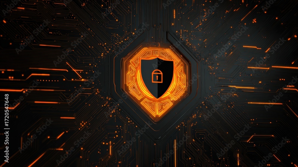 Poster abstract digital background with shield icon, representing cybersecurity and protection in a technol