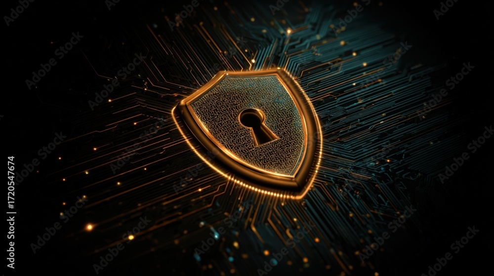 Poster digital shield symbol on abstract circuit background in glowing hues, representing security, protect