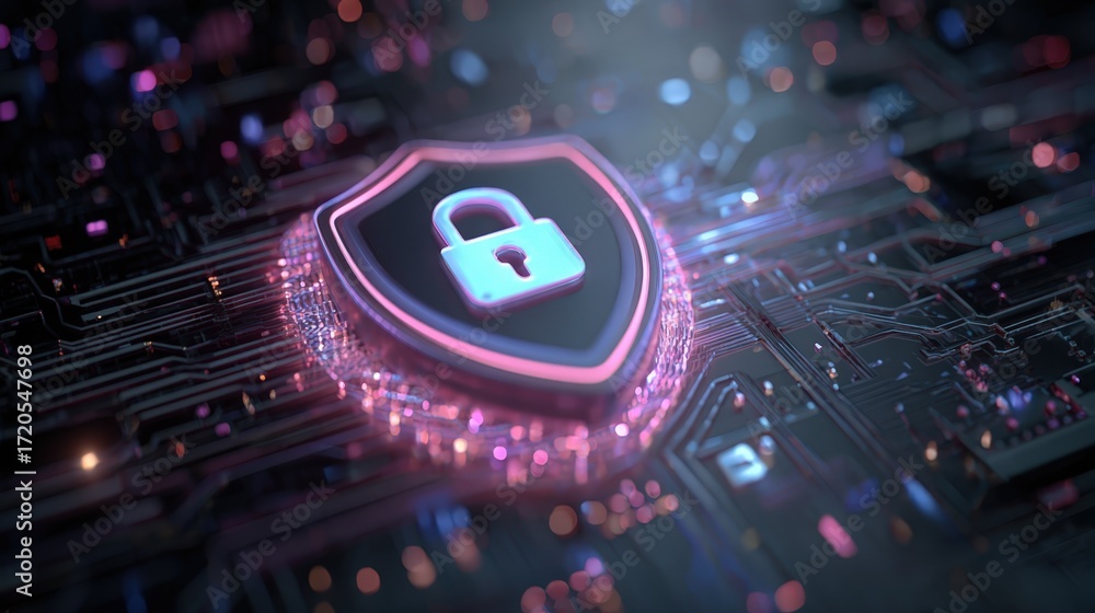 Poster digital shield with padlock icon and circuit board background for cybersecurity and protection conce