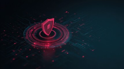 Futuristic digital shield symbolizing cybersecurity protection on glowing abstract background with circuit pattern and neon colors