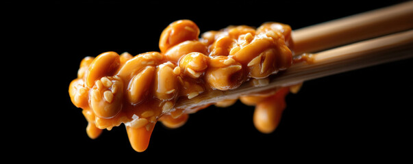 Sticky natto bean texture closeup, fermented soybean with stringy, gooey appearance on chopsticks, Japanese food macro photography